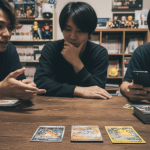 暗い部屋で3人の男性が木製のテーブルに座り、数枚のポケモンカードが手前に並べられている