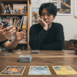 木製のテーブルでポケモンカードをプレイする二人の手のクローズアップ。