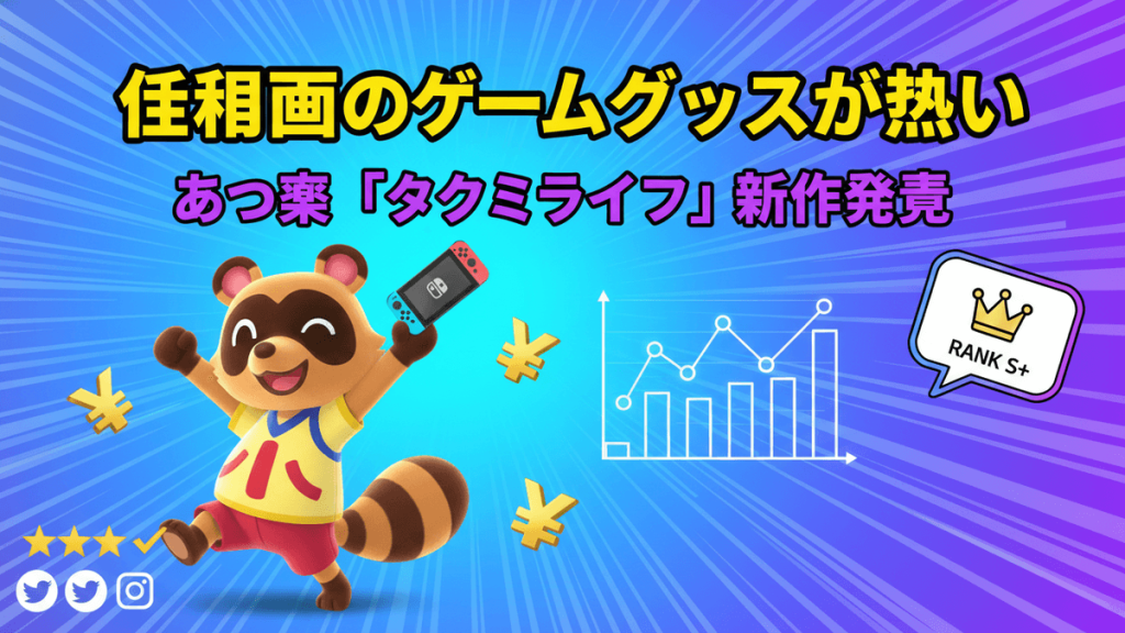動物のキャラクターがNintendo Switchを掲げ、周りにチャート、円、評価アイコンがある。
