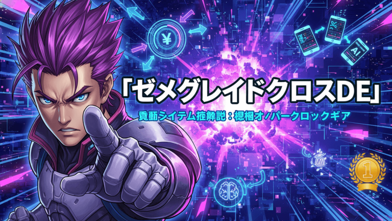 紫の髪の男性キャラクターが指をさし、未来的なデジタル背景に円と矢印で接続された円、AIアイコン、スマートフォン、日本円の記号、ランキングバッジが表示されている。