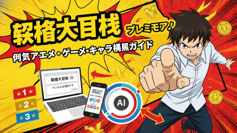 A professional vector illustration of a manga boy pointing, surrounded by Japanese text, yen symbols, a laptop, a smartphone, an AI icon, and charts.