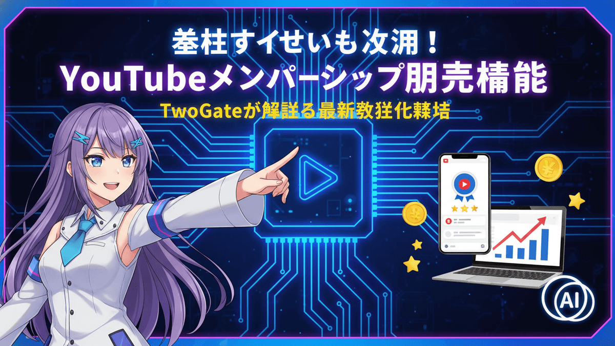 青い背景に、VTuberがYouTubeの再生ボタン、スマートフォン、ノートパソコン、金貨とともにポーズをとっている。