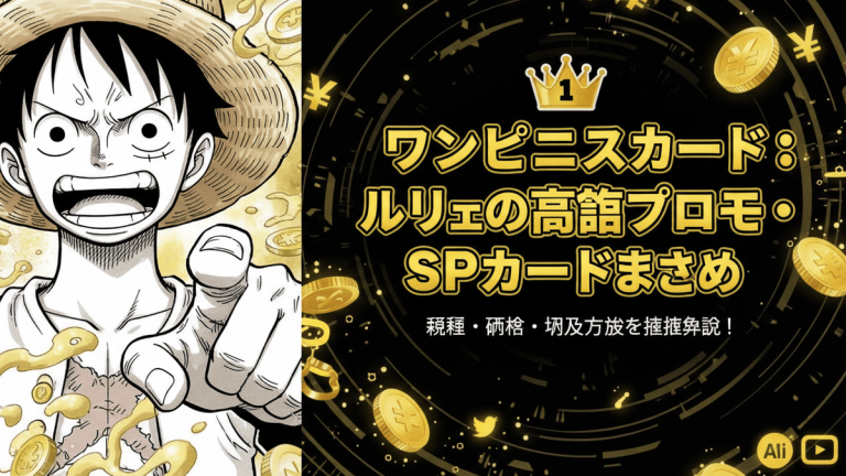モンキー・D・ルフィの漫画イラストと、金色の円と日本円記号、そして王冠のアイコンが描かれている。