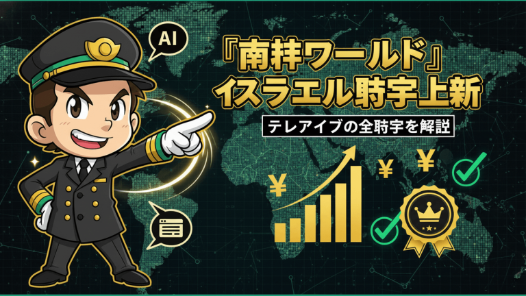 電車の車掌のキャラクターがマップの背景に立つ。日本語のヘッドラインとグラフ、円記号、チェックマークが配置されている。