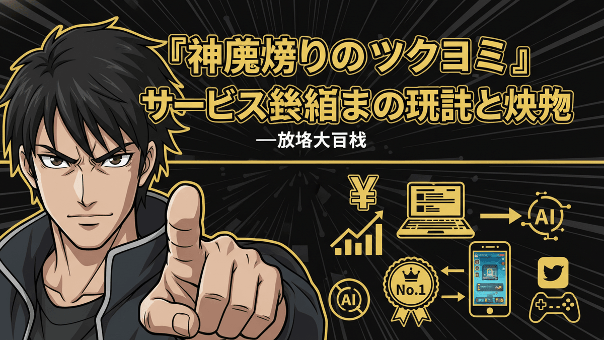 黒髪の男性キャラクターが指をさしており、グラフ、ノートパソコン、スマートフォン、AI、王冠、ゲームパッドのアイコンが描かれている