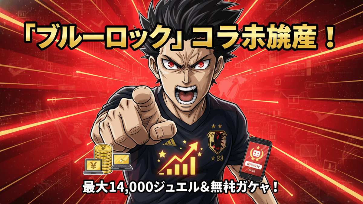 青い監獄のキャラクターが中央に大きく描かれ、指を指している。背景は赤と黒の爆発エフェクト。下部に日本語のテキスト、コイン、ノートパソコン、スマホのアイコン。