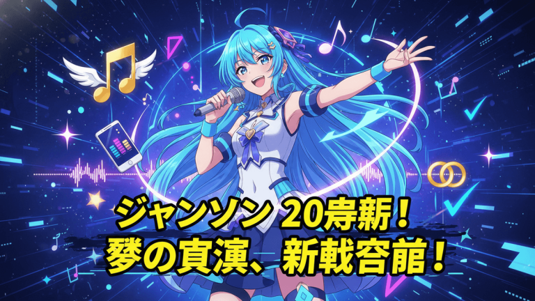 ライブパフォーマンスをする日本のアイドルキャラクターのイラスト。 背景には音符、スマートフォン、光るリング、および音楽の視覚化があります。