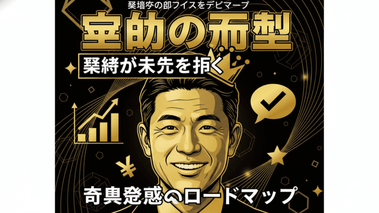 黒と金の背景に、日本のビジネスマンの顔が中央に配置されたベクターイラスト。グラフ、円、星、日本語のテキストが描かれている。