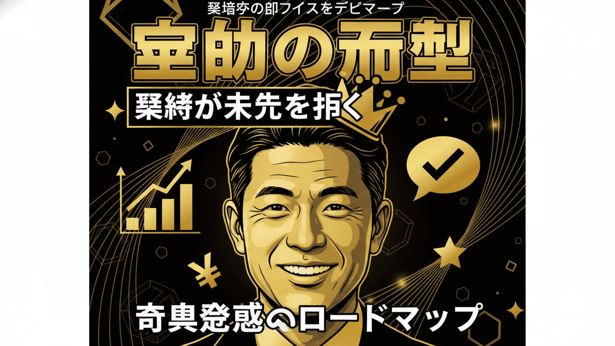 黒と金の背景に、日本のビジネスマンの顔が中央に配置されたベクターイラスト。グラフ、円、星、日本語のテキストが描かれている。