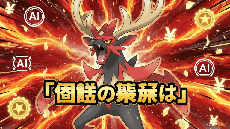 燃える背景にポケモン、AIアイコンと円マーク、太字の日本語のヘッドライン