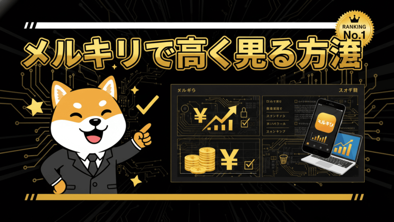 柴犬キャラクターが左に配置され、右側に「メルカリで高く売る方法」という日本語のヘッドラインがある。背景はデジタルテクノロジーのパターン。
