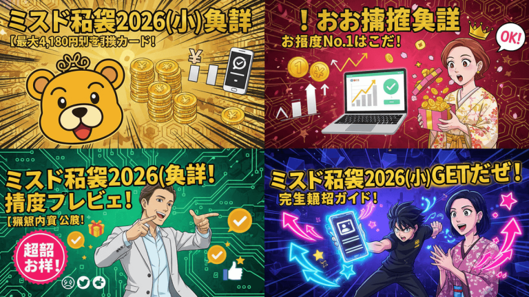 Four panels show Japanese blog thumbnails with characters, yen, donuts, and text.