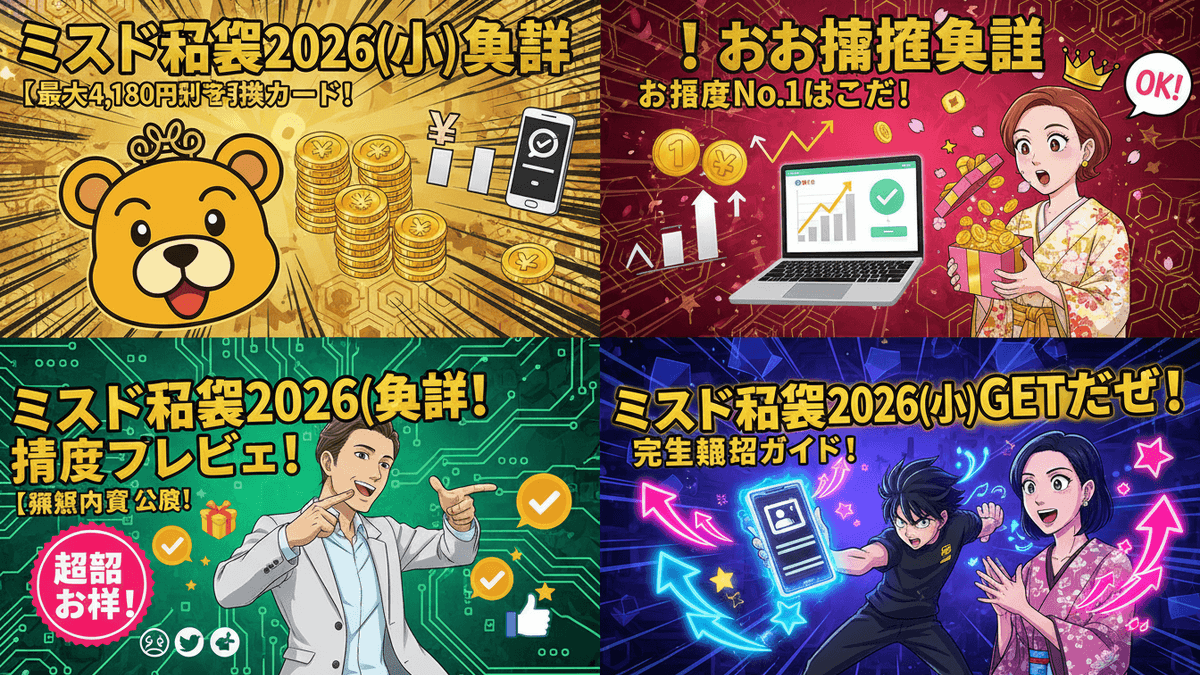 Four panels show Japanese blog thumbnails with characters, yen, donuts, and text.