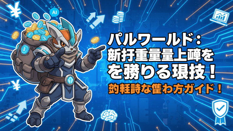 青とオレンジのテクノロジーの背景に、白い文字のタイトルとパルワールドのキャラクターが描かれている。