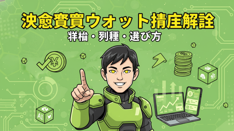 緑色の背景に、仮想通貨ウォレットの仕組みを解説する男性のイラスト。グラフ、スマートフォン、ノートパソコン、コインが描かれている。