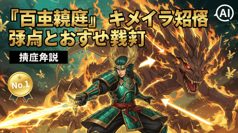 日本の鎧を着た侍と、炎を背景にした巨大なドラゴンが描かれている。金の円記号と矢印が散りばめられている。