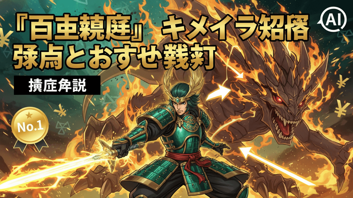 日本の鎧を着た侍と、炎を背景にした巨大なドラゴンが描かれている。金の円記号と矢印が散りばめられている。