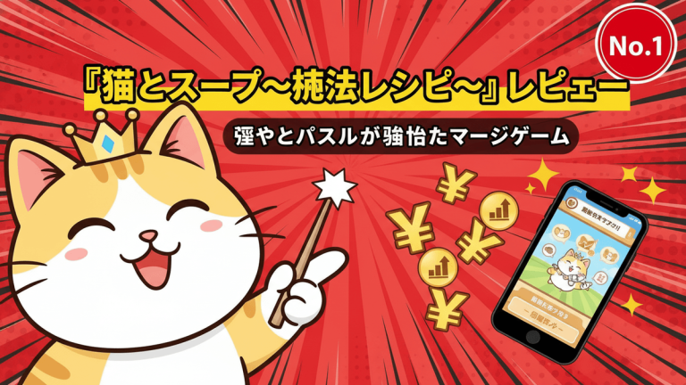 赤い放射状の背景に、王冠をかぶった猫、魔法の杖、金色の円記号、スマートフォン、星が描かれています。