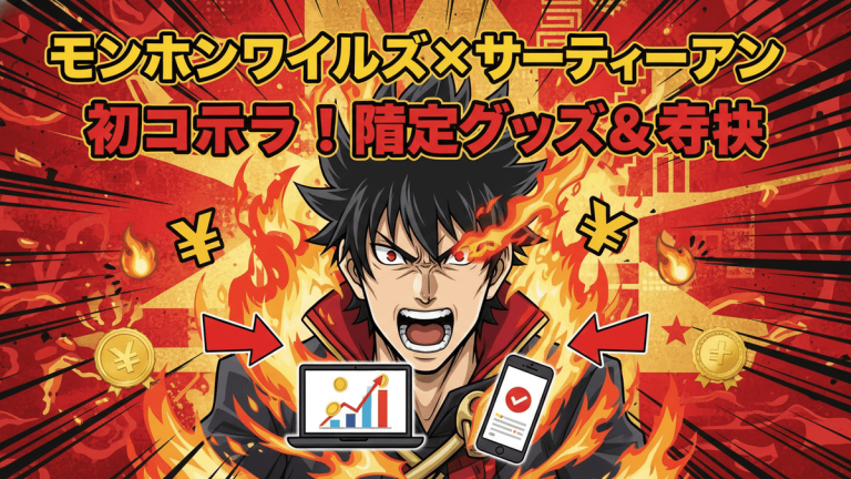 赤と黒を基調とした背景に炎と爆発エフェクトが描かれ、中央に怒りの表情をしたアニメキャラクターが配置されています。キャラクターの左側にはチャートが表示されたノートパソコン、右側にはチェックマークが表示されたスマートフォンがあり、両方からキャラクターに向かって赤い矢印が伸びています。キャラクターの周囲には炎のエフェクトと、左右に複数の円と日本円の記号（￥）が描かれています。上部には「モンハンワイルズ×サーティーワン 初コラボ！限定グッズ＆特典」という日本語のタイトルがあり、太い黒い縁取りと金色の金属的なテキストが特徴です。