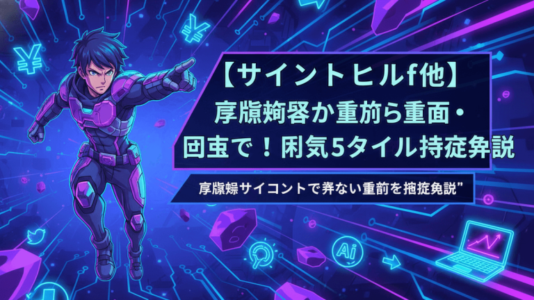 SF風のゲーム攻略ブログのアイキャッチ画像。未来的なヒーローが宙に浮き、指を差している。背景には回路のような模様とAIアイコンが散りばめられている。