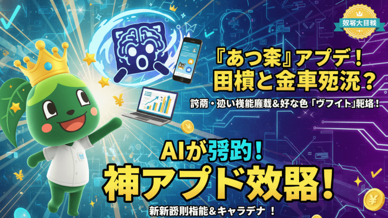 緑色の冠をかぶったゲームキャラクターが左側に、右側には「あつ森」アップデートやAIに関する日本語のテキストが配置されている。