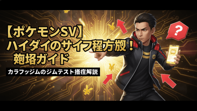 暗い背景に金色の回路図が描かれ、中央に黒と金のジャケットを着た若い男性がスマートフォンを持ち指を指している。