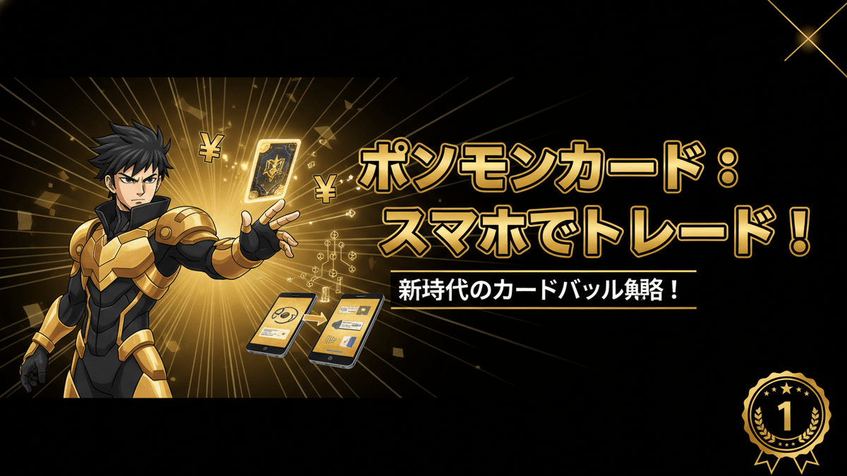ゲームキャラクターがポケモンカードを差し出し、スマホで取引を行う様子