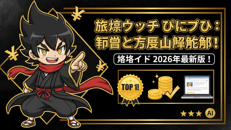 黒髪のキャラクターが指をさし、タイトル「旅焼ウッチぷにぷに：旬嘗と方展山解飽郎！格培イド2026最新版！」