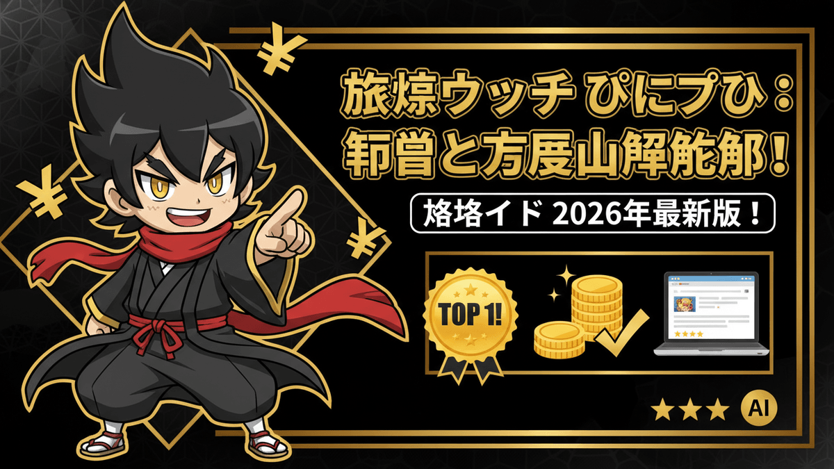 黒髪のキャラクターが指をさし、タイトル「旅焼ウッチぷにぷに：旬嘗と方展山解飽郎！格培イド2026最新版！」