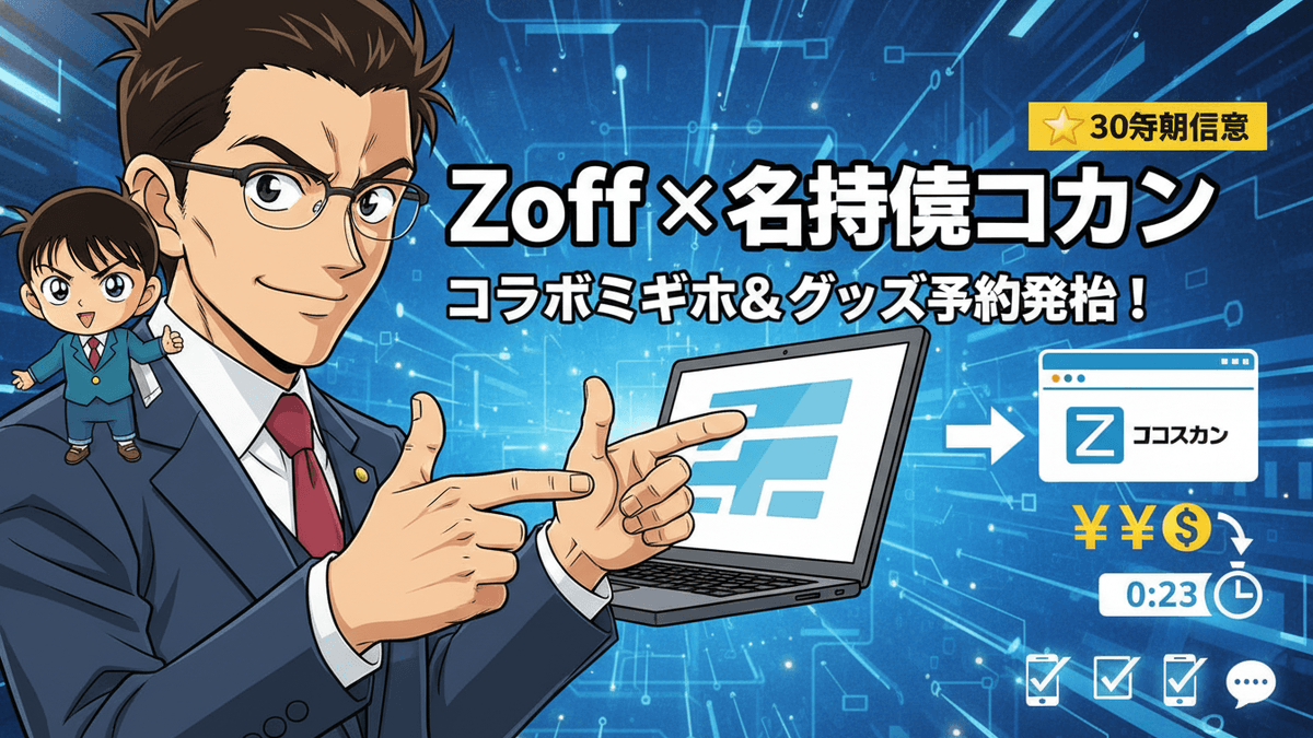 青い背景に工藤新一と江戸川コナンのイラスト。新一がノートパソコンを指さしており、Zoffとコナン関連のアイコンが配置されている。