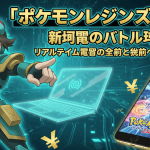 ポケモンレジェンズ Z-Aの主人公の男性の顔、グラフのノートパソコン、いいねとAIアイコン、ランキングバッジ