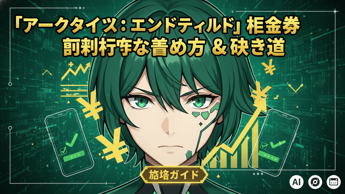 緑髪のキャラクターが中央に、両側にスマートフォンと円記号の要素が配置されたデジタルな背景。