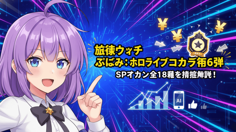 青い背景に紫色の髪のキャラクターが指をさし、円、星、グラフ、スマホ、親指を立てたアイコンが浮かんでいる。