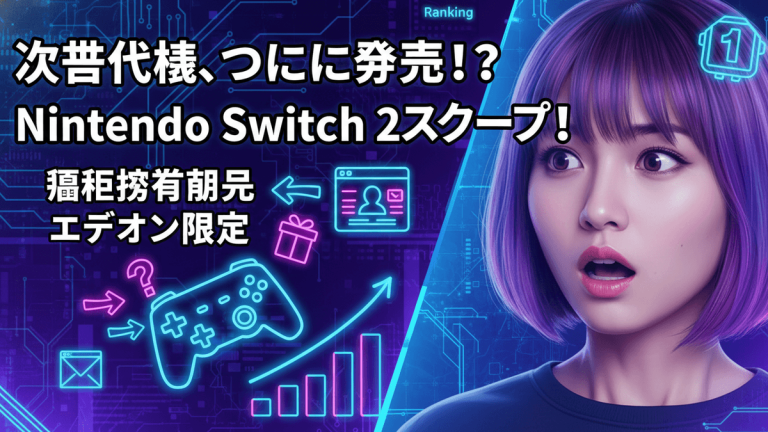 「次世代機、ついに発売!? Nintendo Switch 2スクープ!」と書かれた日本語のヘッドラインと、驚いた表情の若い女性。ゲームコントローラーとグラフのアイコン、デジタルの背景。
