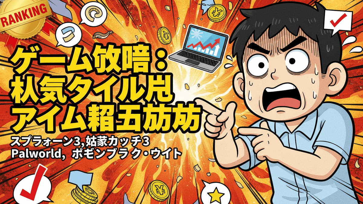 赤とオレンジの背景に、驚いた表情で指差す男性、日本のゲームタイトル、チャートを示すノートパソコン、コイン、星、チェックマーク。