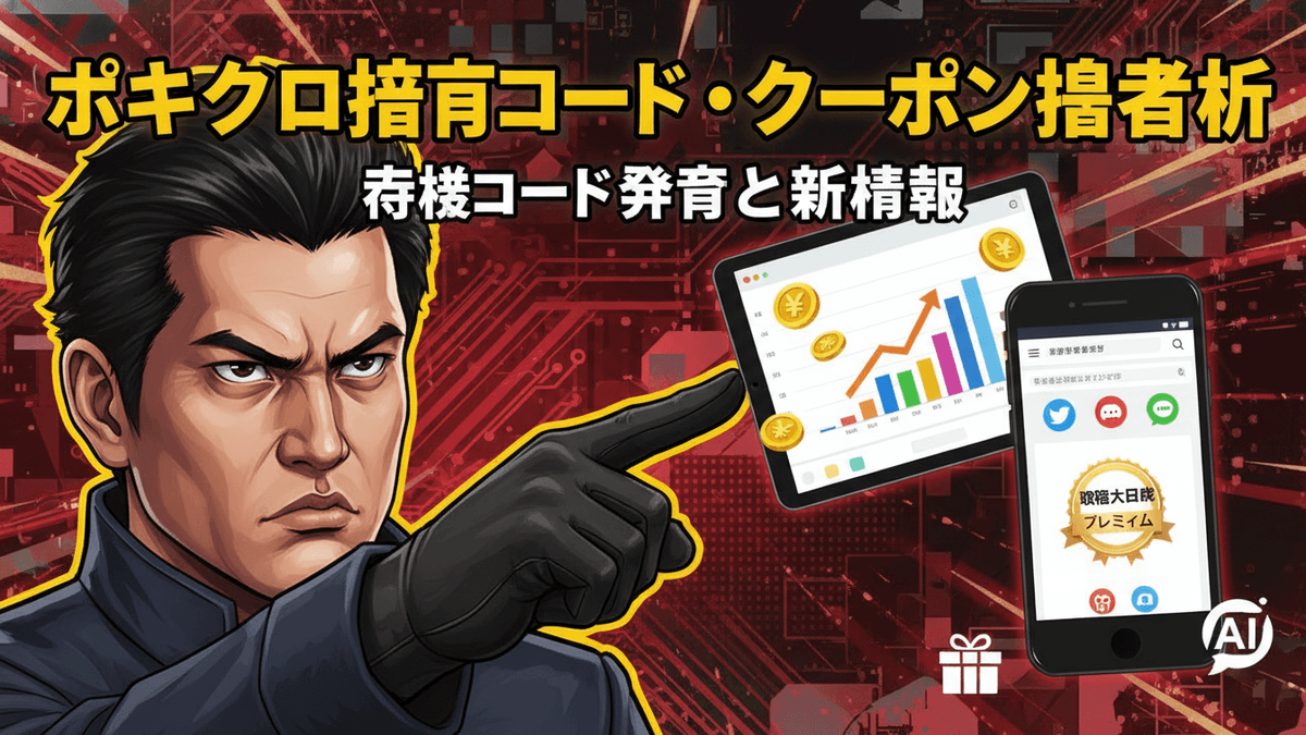 赤と黒を基調とした背景に、左側に男性キャラクターが指をさし、中央にタブレットとスマートフォンが配置されている。