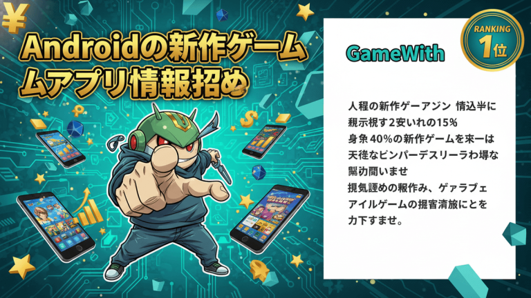緑色のヘルメットをかぶったキャラクターが中央に大きく描かれ、複数のスマートフォンが周りに配置されている。