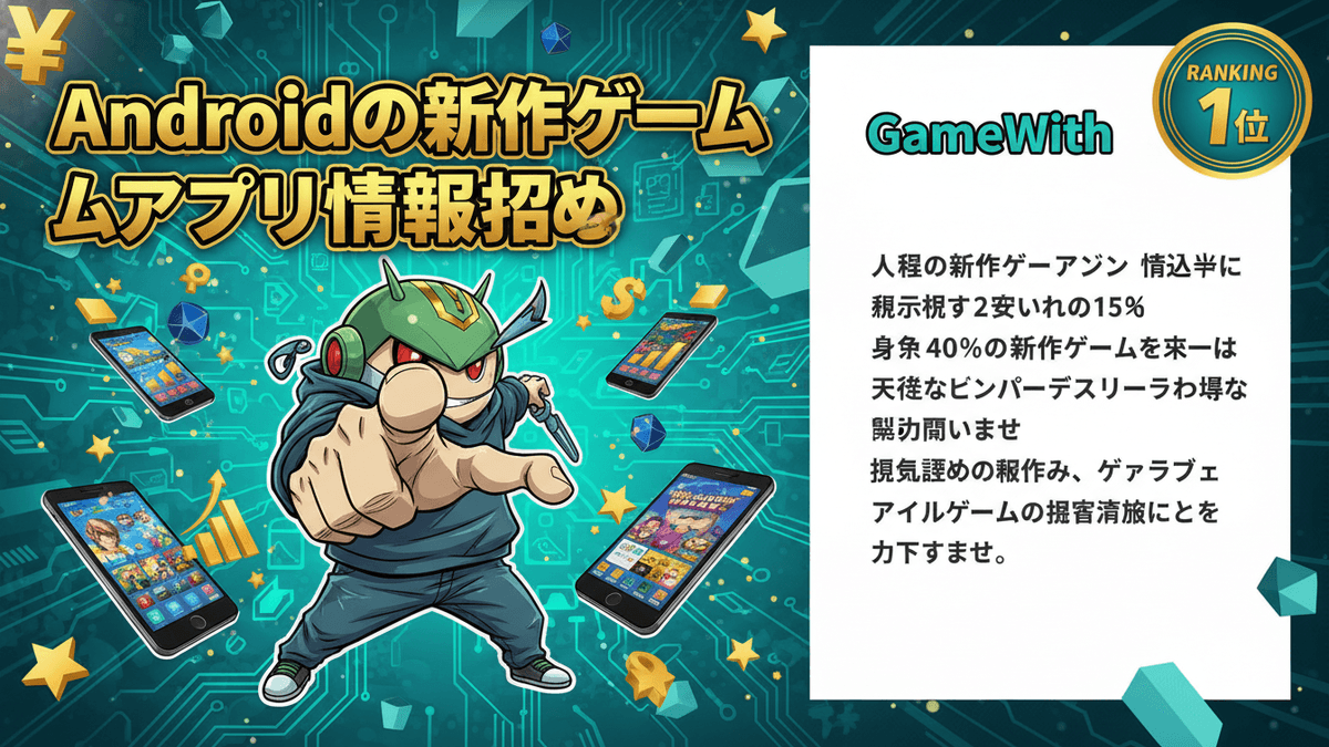 緑色のヘルメットをかぶったキャラクターが中央に大きく描かれ、複数のスマートフォンが周りに配置されている。