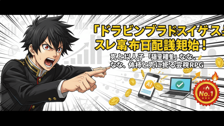 Manga-style illustration for a Japanese blog. A male character in a school uniform shouts and points. Yen coins, a smartphone, a laptop, and a "No. 1" badge surround him.