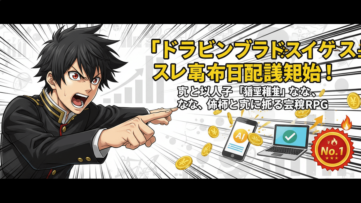 Manga-style illustration for a Japanese blog. A male character in a school uniform shouts and points. Yen coins, a smartphone, a laptop, and a "No. 1" badge surround him.