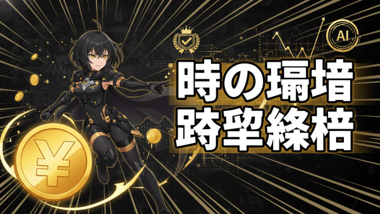 暗い背景にスピード線と幾何学模様。左側に日本の円硬貨と女性キャラクター、右側に大きな日本語のタイトル。