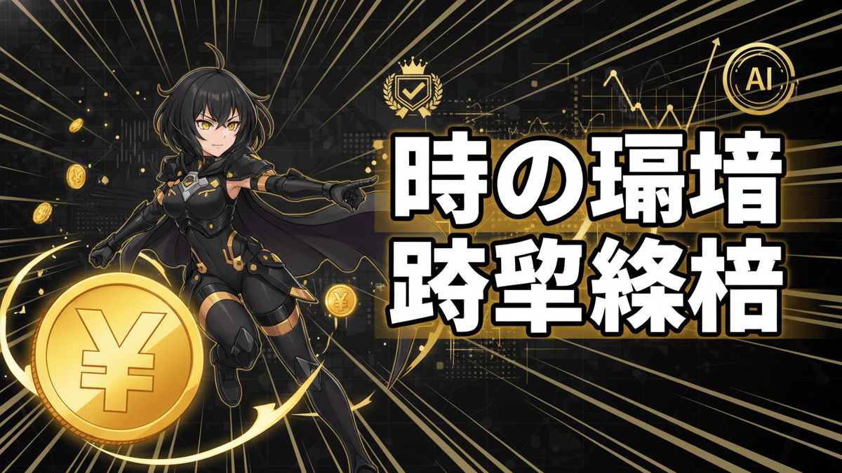 暗い背景にスピード線と幾何学模様。左側に日本の円硬貨と女性キャラクター、右側に大きな日本語のタイトル。