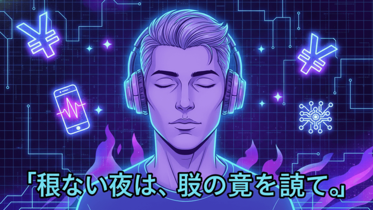 ヘッドホンをした男性が目を閉じている。背景にはネオンの回路図と円マークが描かれている。