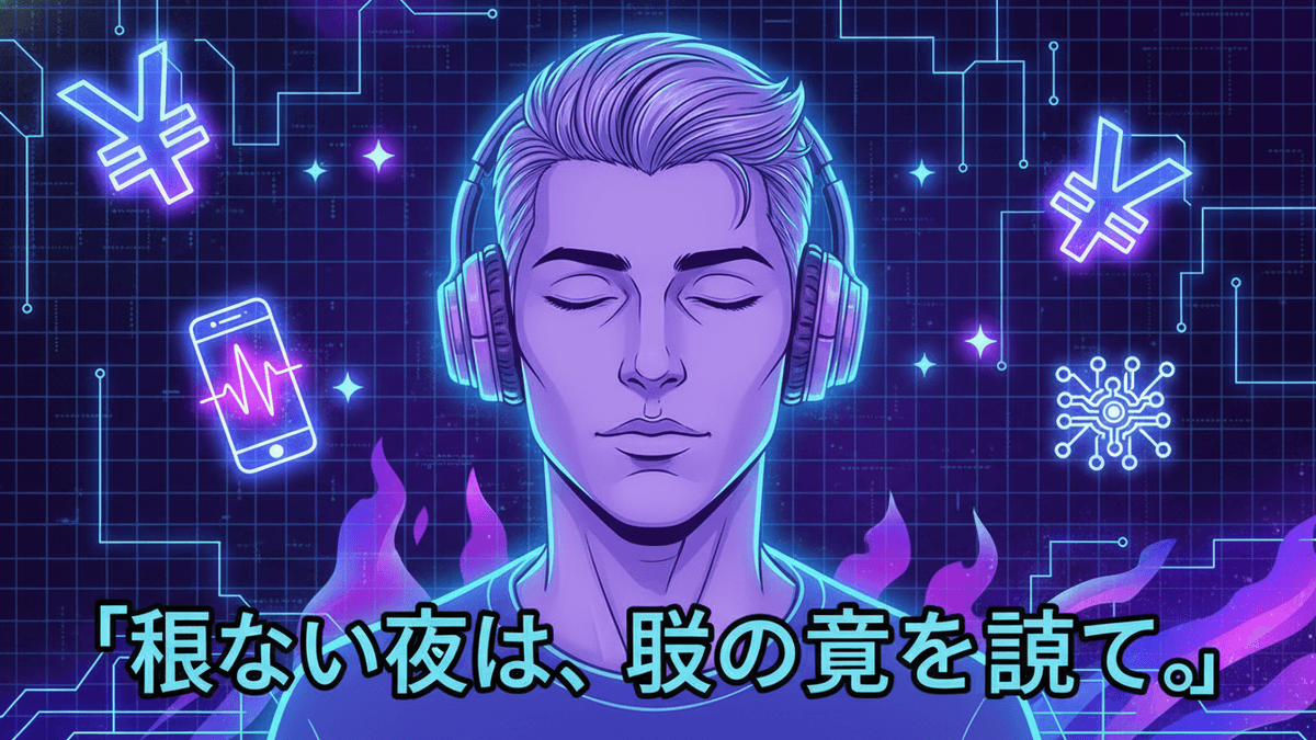 ヘッドホンをした男性が目を閉じている。背景にはネオンの回路図と円マークが描かれている。
