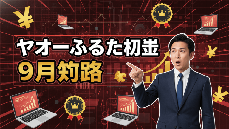 驚いた表情の男性が指を差している。中央には「ヤフーふるさと納税 9月攻略」という大きな文字がある。
