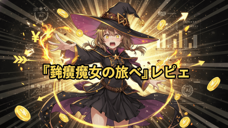 暗い背景に明るい光線と炎のエフェクトを伴う若い女性の魔法使いのキャラクター。金色のコインが空中に舞い、右下にはAIアイコンが見える。