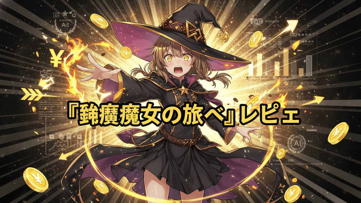 暗い背景に明るい光線と炎のエフェクトを伴う若い女性の魔法使いのキャラクター。金色のコインが空中に舞い、右下にはAIアイコンが見える。