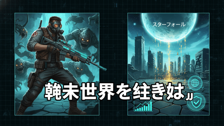 ガスマスクを着けた男性がライフルを持ち、ゾンビに囲まれている。右側には「スターフォール」という文字がある。