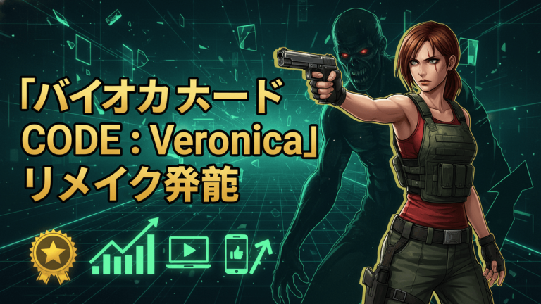 女性キャラクターが銃を構え、背後にゾンビのシルエットが描かれたゲームニュースサムネイル。