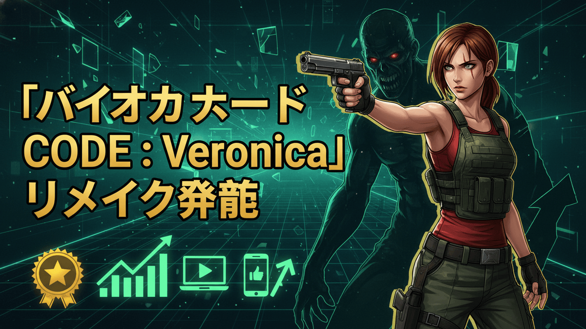 女性キャラクターが銃を構え、背後にゾンビのシルエットが描かれたゲームニュースサムネイル。